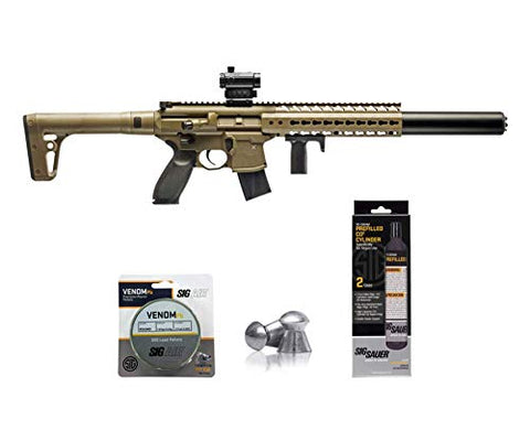SIG Sauer MCX .177 Cal CO2 Powered Advanced Air Rifle with CO2 90 Gram (2 Pack) and 500 Lead Pellets Bundle (FDE, Red Dot)
